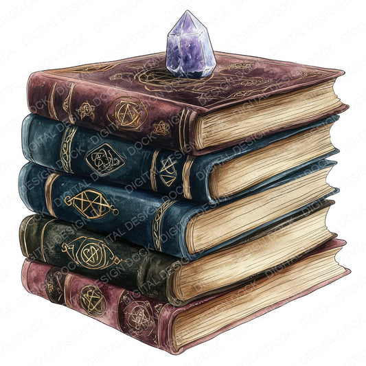 Stacked Spell Books with Crystal fussy cut sheet in US Letter format showing all 12 designs on one printable page