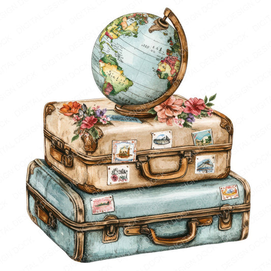 Stacked Travel Suitcases fussy cut sheet in US Letter format showing all 12 designs on one printable page