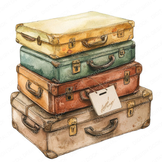 Stacked Vintage Suitcases fussy cut sheet in A4 format showing all 12 designs on one printable page