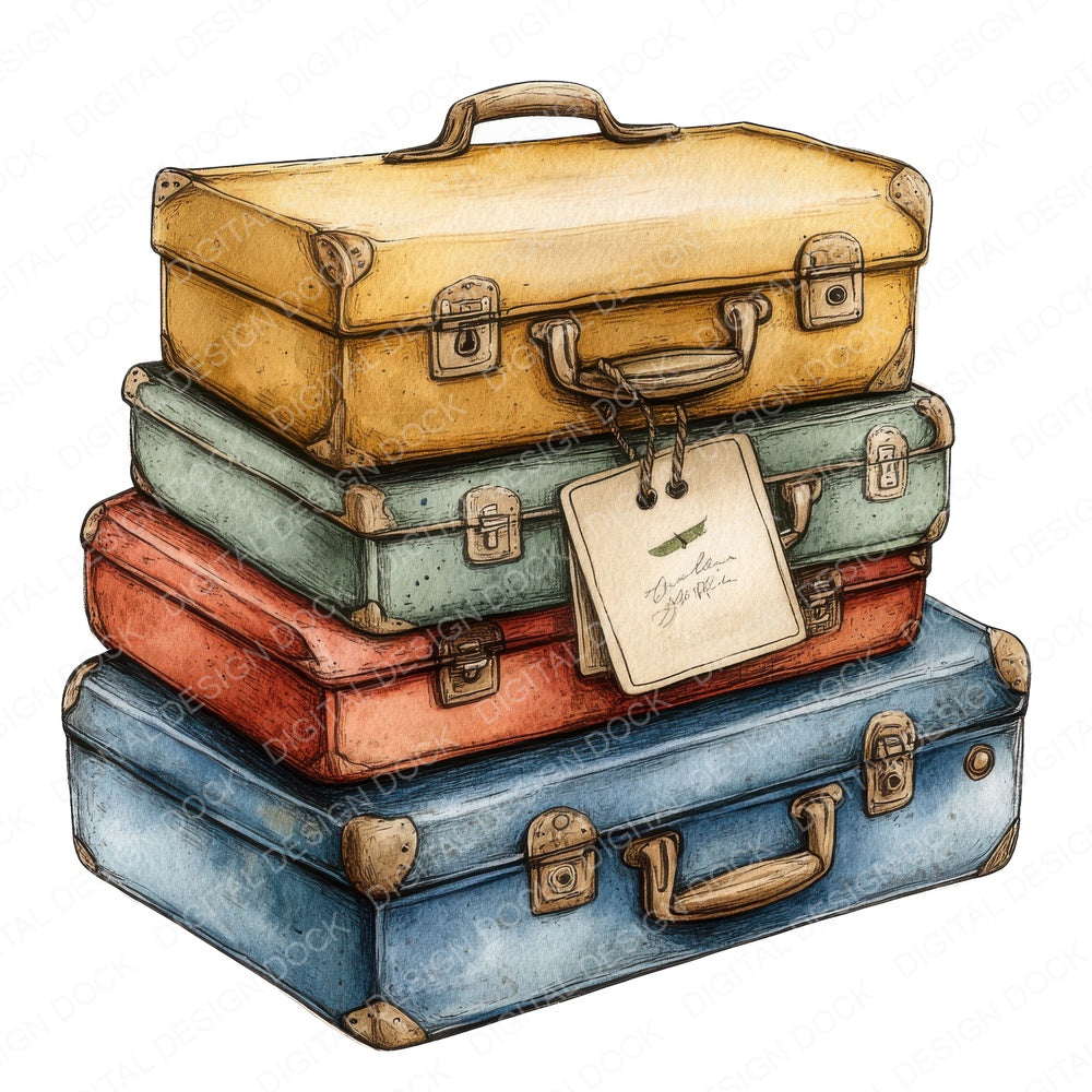 Stacked Vintage Suitcases fussy cut sheet in US Letter format showing all 12 designs on one printable page