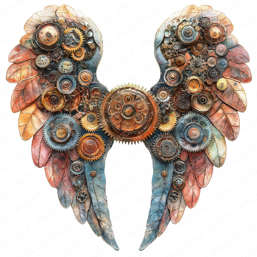 Steampunk Gear Angel Wings fussy cut sheet in A4 format showing all 12 designs on one printable page