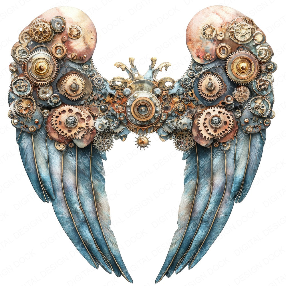 Steampunk Gear Angel Wings fussy cut sheet in US Letter format showing all 12 designs on one printable page