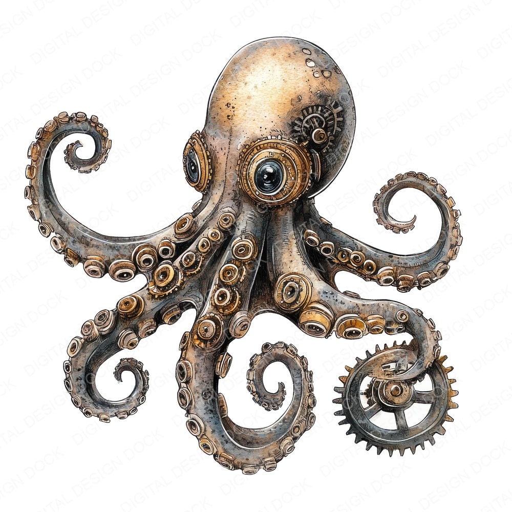 Steampunk Octopus fussy cut sheet in A4 format showing all 12 designs on one printable page
