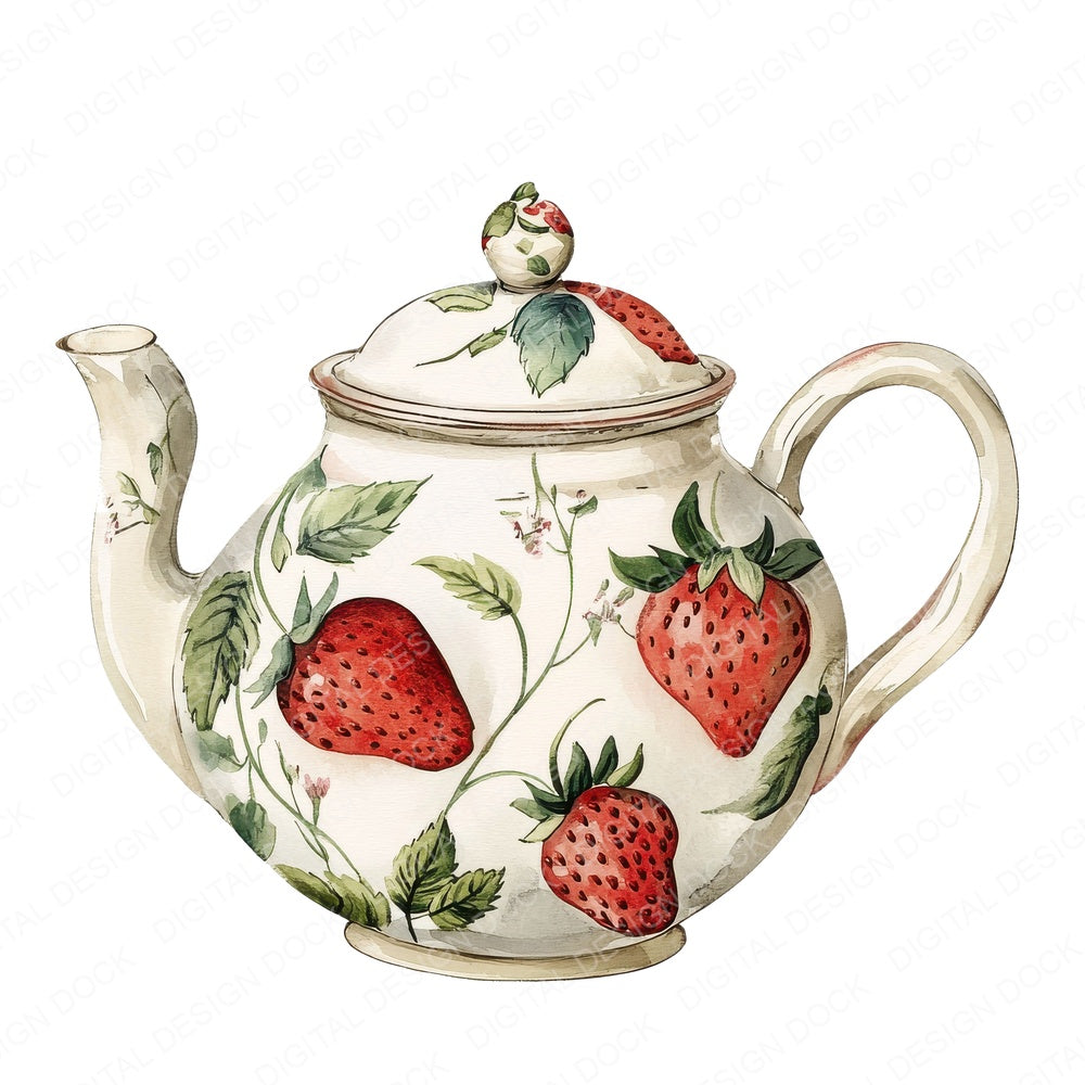 Strawberry Porcelain Teapot fussy cut sheet in US Letter format showing all 12 designs on one printable page