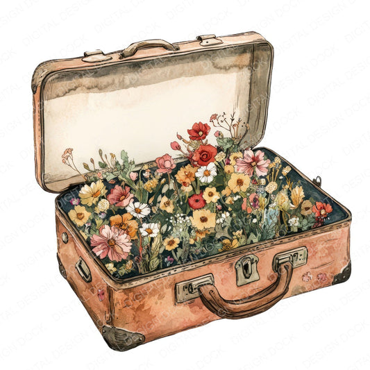 Suitcase Overflowing with Flowers fussy cut sheet in A4 format showing all 12 designs on one printable page