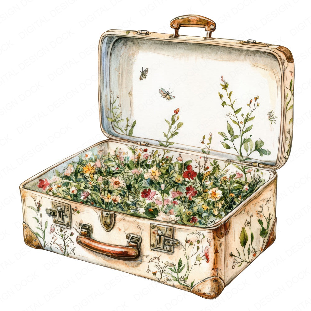 Suitcase Overflowing with Flowers fussy cut sheet in US Letter format showing all 12 designs on one printable page