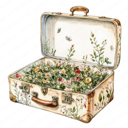 Suitcase Overflowing with Flowers fussy cut sheet in US Letter format showing all 12 designs on one printable page
