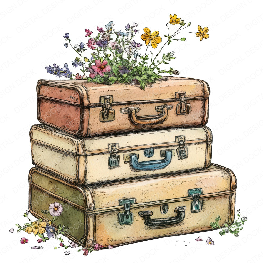 Suitcases with Blooming Flowers fussy cut sheet in A4 format showing all 12 designs on one printable page