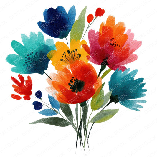Summer Abstract Wildflower Bouquet fussy cut sheet in US Letter format showing all 12 designs on one printable page