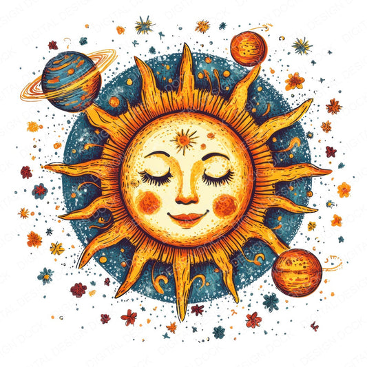 Sun Face with Orbiting Planets fussy cut sheet in US Letter format showing all 12 designs on one printable page