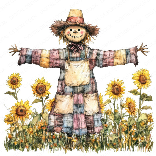 Sunflower Field Scarecrow fussy cut sheet in A4 format showing all 12 designs on one printable page