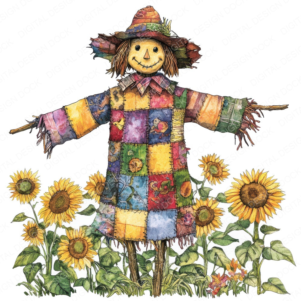Sunflower Field Scarecrow fussy cut sheet in US Letter format showing all 12 designs on one printable page