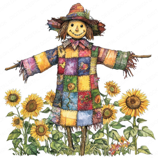 Sunflower Field Scarecrow fussy cut sheet in US Letter format showing all 12 designs on one printable page