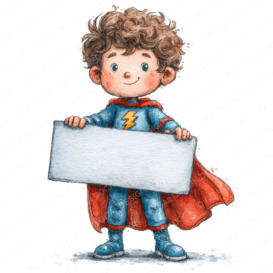 Superhero Boy with Banner fussy cut sheet in A4 format showing all 12 designs on one printable page