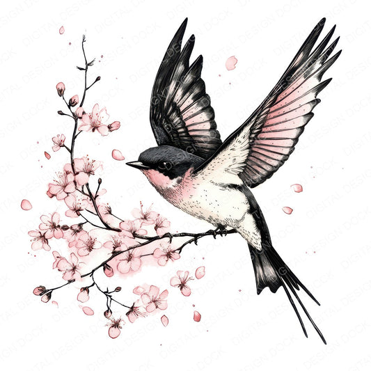 Swallow with Cherry Blossoms fussy cut sheet in A4 format showing all 12 designs on one printable page
