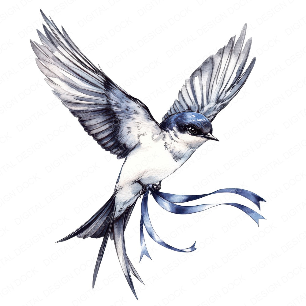 Swallow with Ribbon fussy cut sheet in US Letter format showing all 12 designs on one printable page