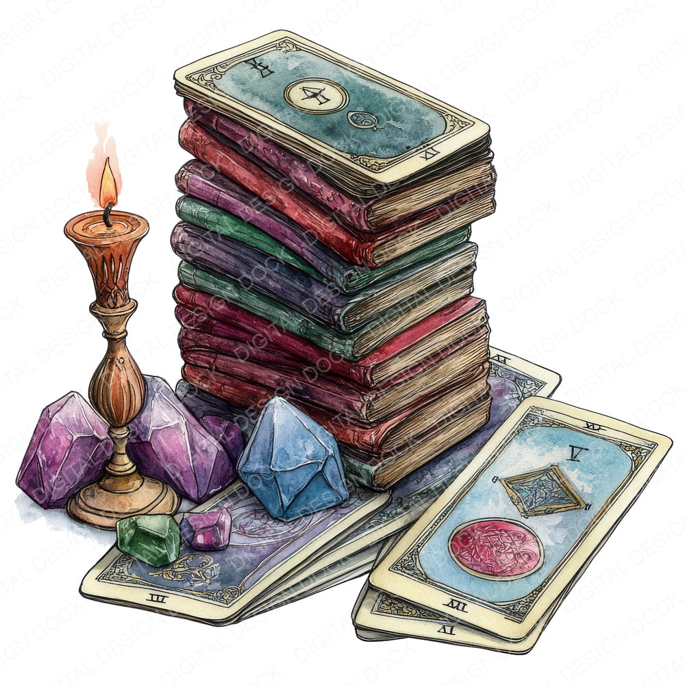 Tarot Cards and Crystals fussy cut sheet in A4 format showing all 12 designs on one printable page