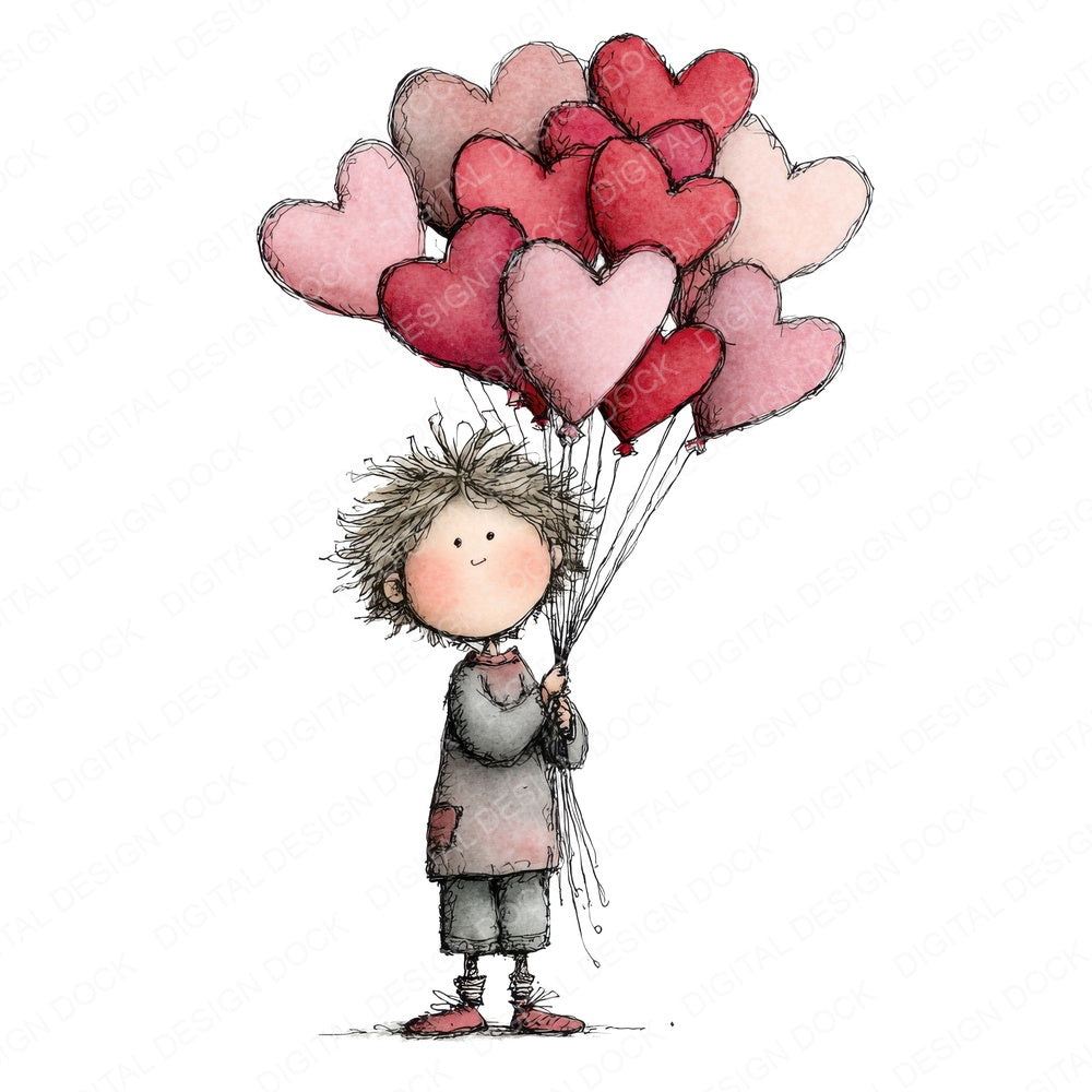 Tatty Child Heart Balloons fussy cut sheet in A4 format showing all 12 designs on one printable page