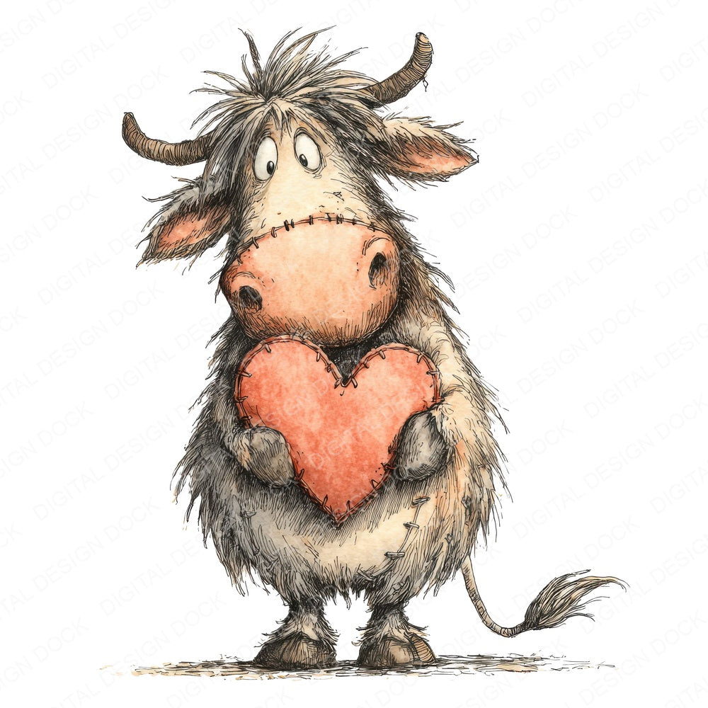Tatty Cow Valentine fussy cut sheet in US Letter format showing all 12 designs on one printable page