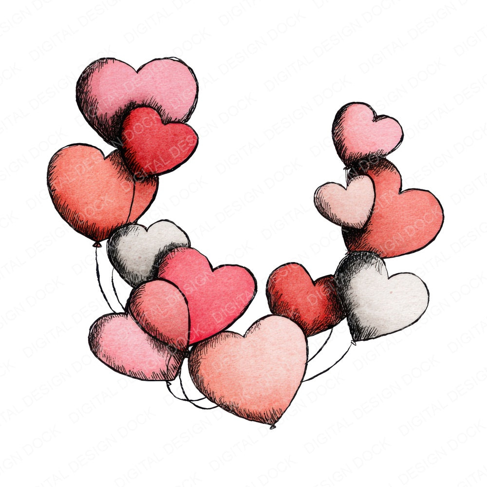 Tatty Heart Balloon Wreath fussy cut sheet in A4 format showing all 12 designs on one printable page