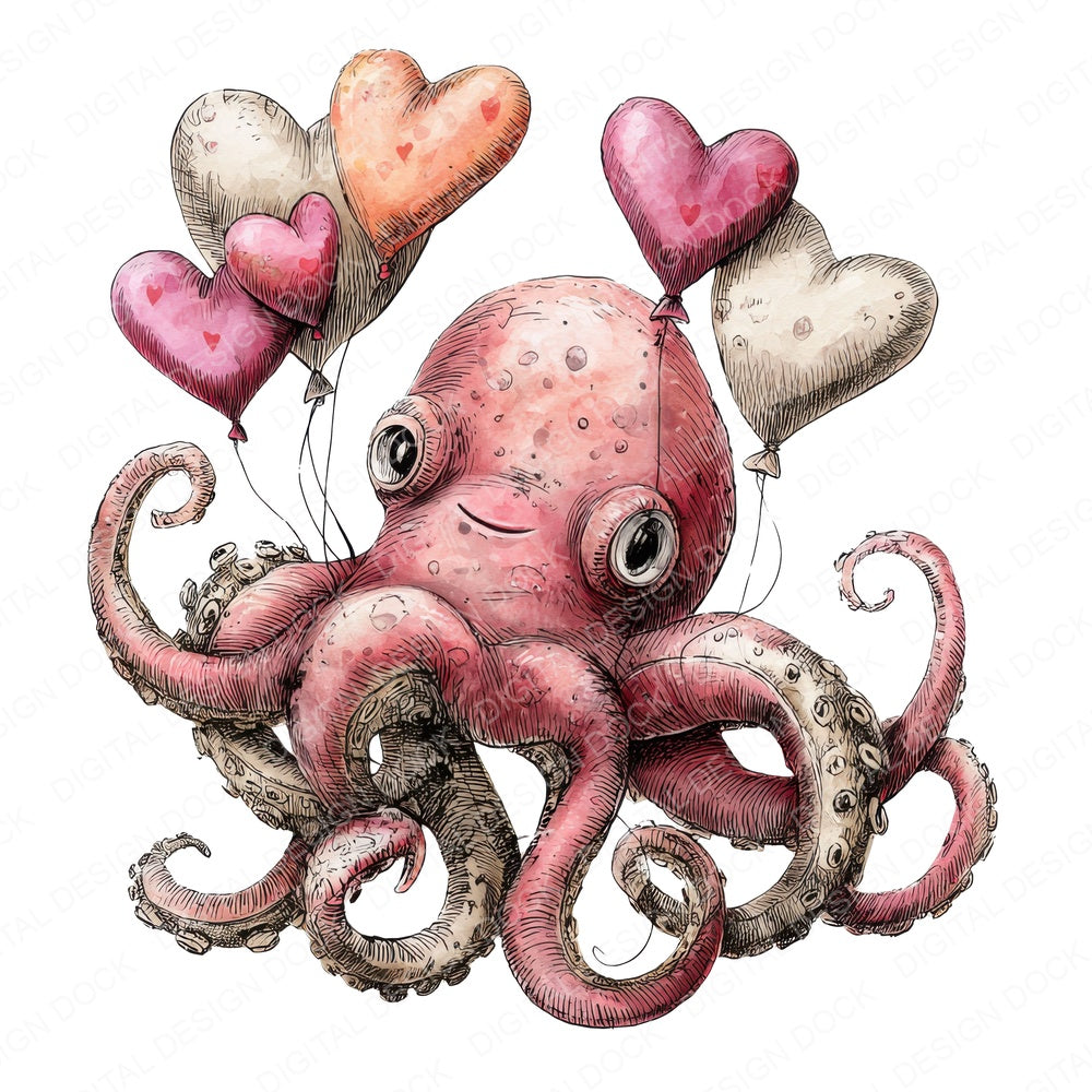 Tatty Octopus Valentine fussy cut sheet in A4 format showing all 12 designs on one printable page