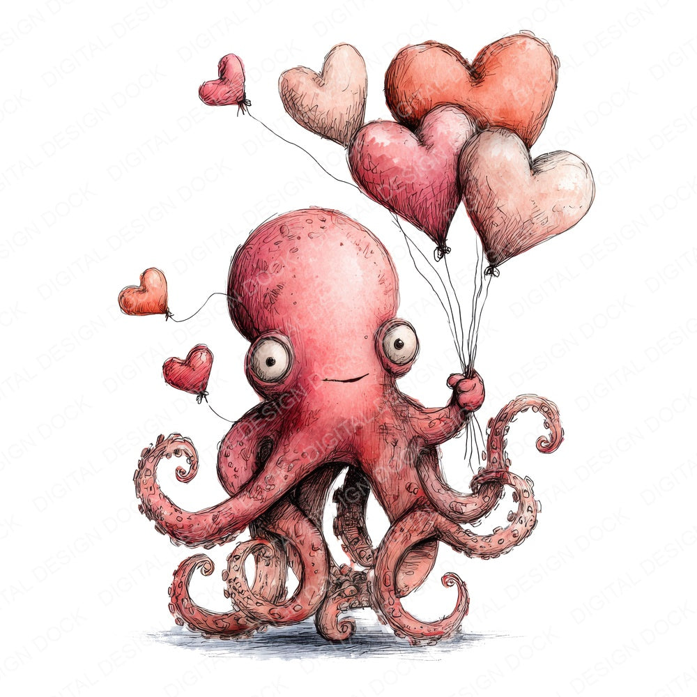Tatty Octopus Valentine fussy cut sheet in US Letter format showing all 12 designs on one printable page