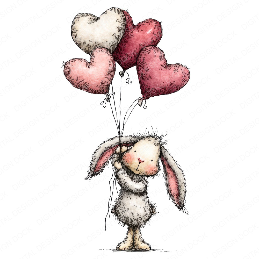 Tatty Rabbit Heart Balloons fussy cut sheet in A4 format showing all 12 designs on one printable page
