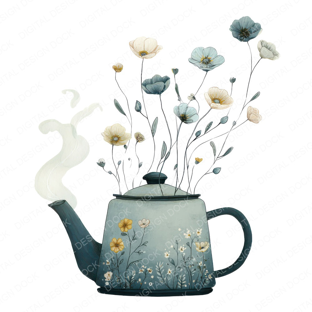 Tea Kettle Wildflowers fussy cut sheet in A4 format showing all 12 designs on one printable page