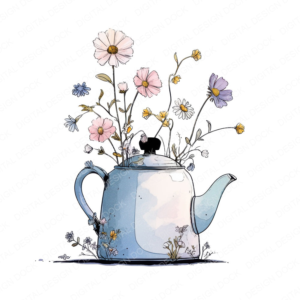 Tea Kettle Wildflowers fussy cut sheet in US Letter format showing all 12 designs on one printable page