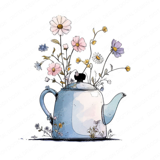 Tea Kettle Wildflowers fussy cut sheet in US Letter format showing all 12 designs on one printable page