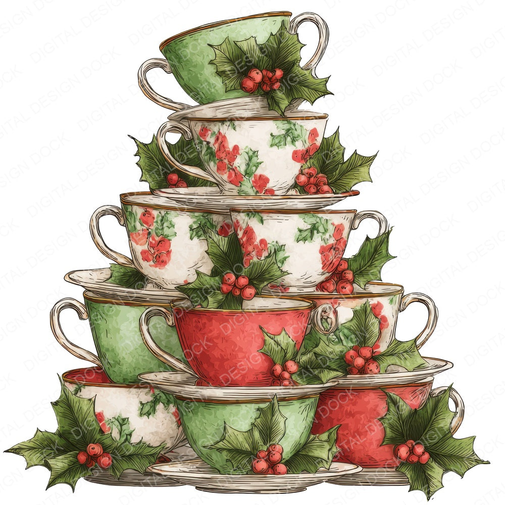 Teacup Christmas Tree fussy cut sheet in A4 format showing all 12 designs on one printable page