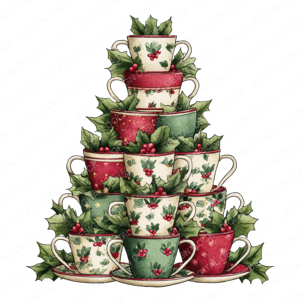 Teacup Christmas Tree fussy cut sheet in US Letter format showing all 12 designs on one printable page