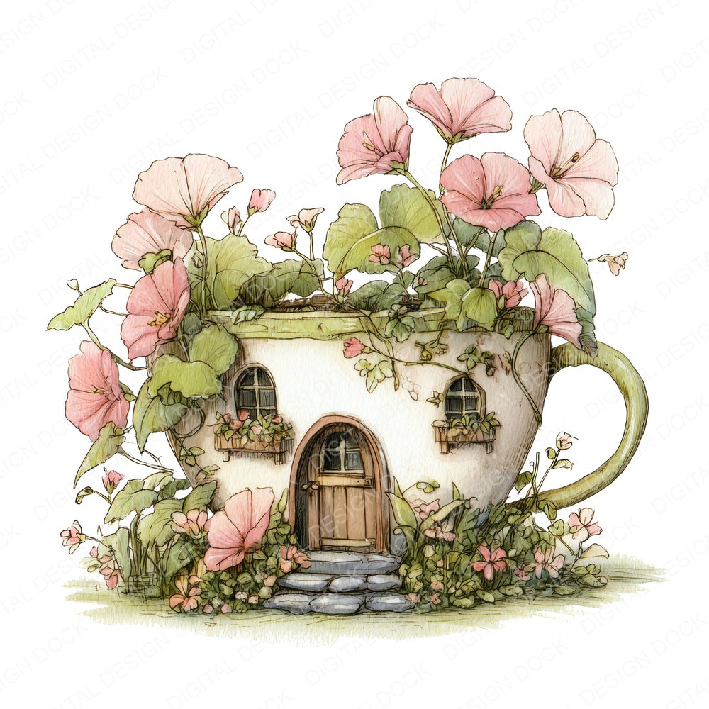 Teacup Fairy Cottage fussy cut sheet in US Letter format showing all 12 designs on one printable page