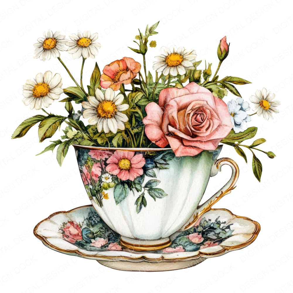 Teacup Overflowing with Flowers fussy cut sheet in A4 format showing all 12 designs on one printable page