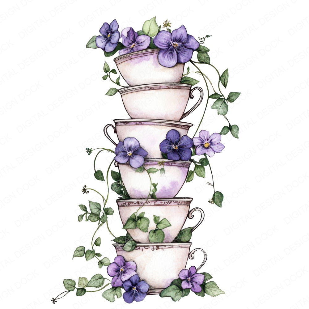 Teacup Stack with Florals fussy cut sheet in US Letter format showing all 12 designs on one printable page