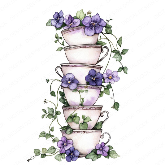 Teacup Stack with Florals fussy cut sheet in US Letter format showing all 12 designs on one printable page