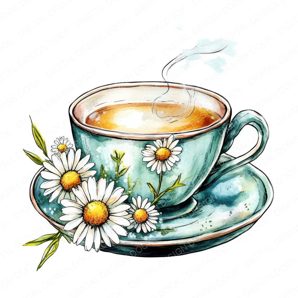 Teacup with Chamomile Flowers fussy cut sheet in A4 format showing all 12 designs on one printable page