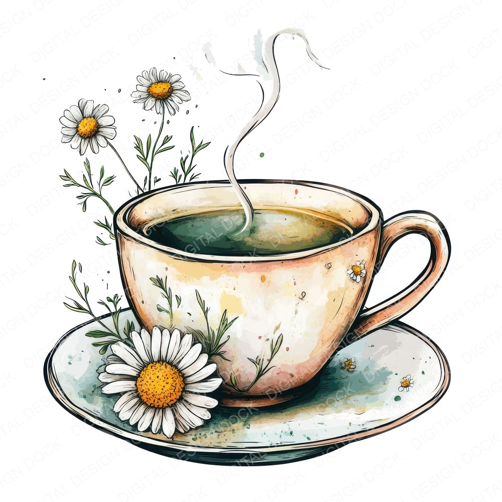 Teacup with Chamomile Flowers fussy cut sheet in US Letter format showing all 12 designs on one printable page