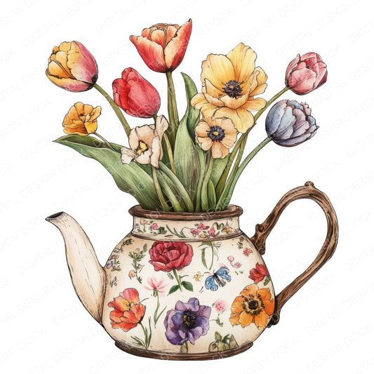 Teakettle Blooming with Flowers fussy cut sheet in A4 format showing all 12 designs on one printable page