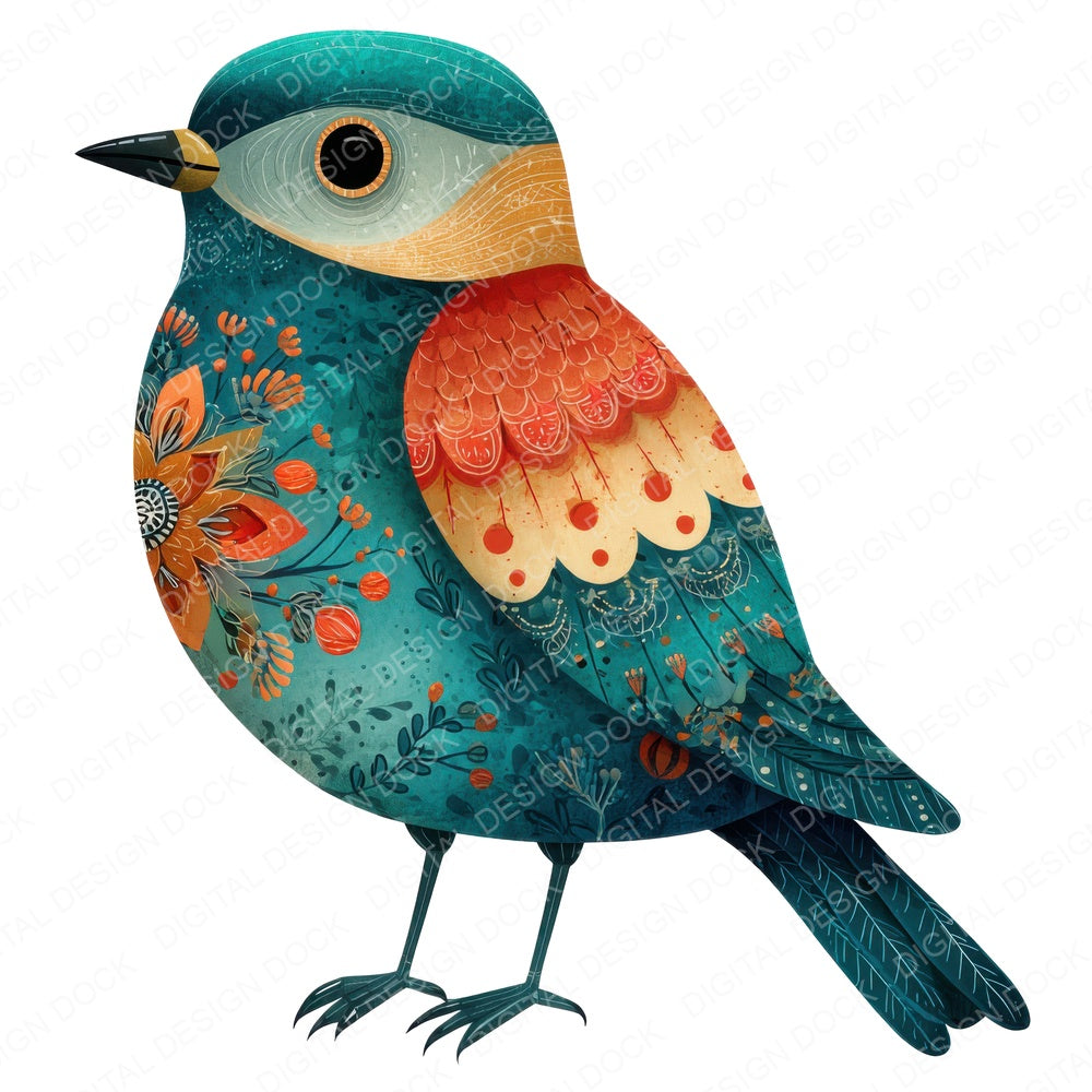 Teal Folk Art Bird fussy cut sheet in A4 format showing all 12 designs on one printable page