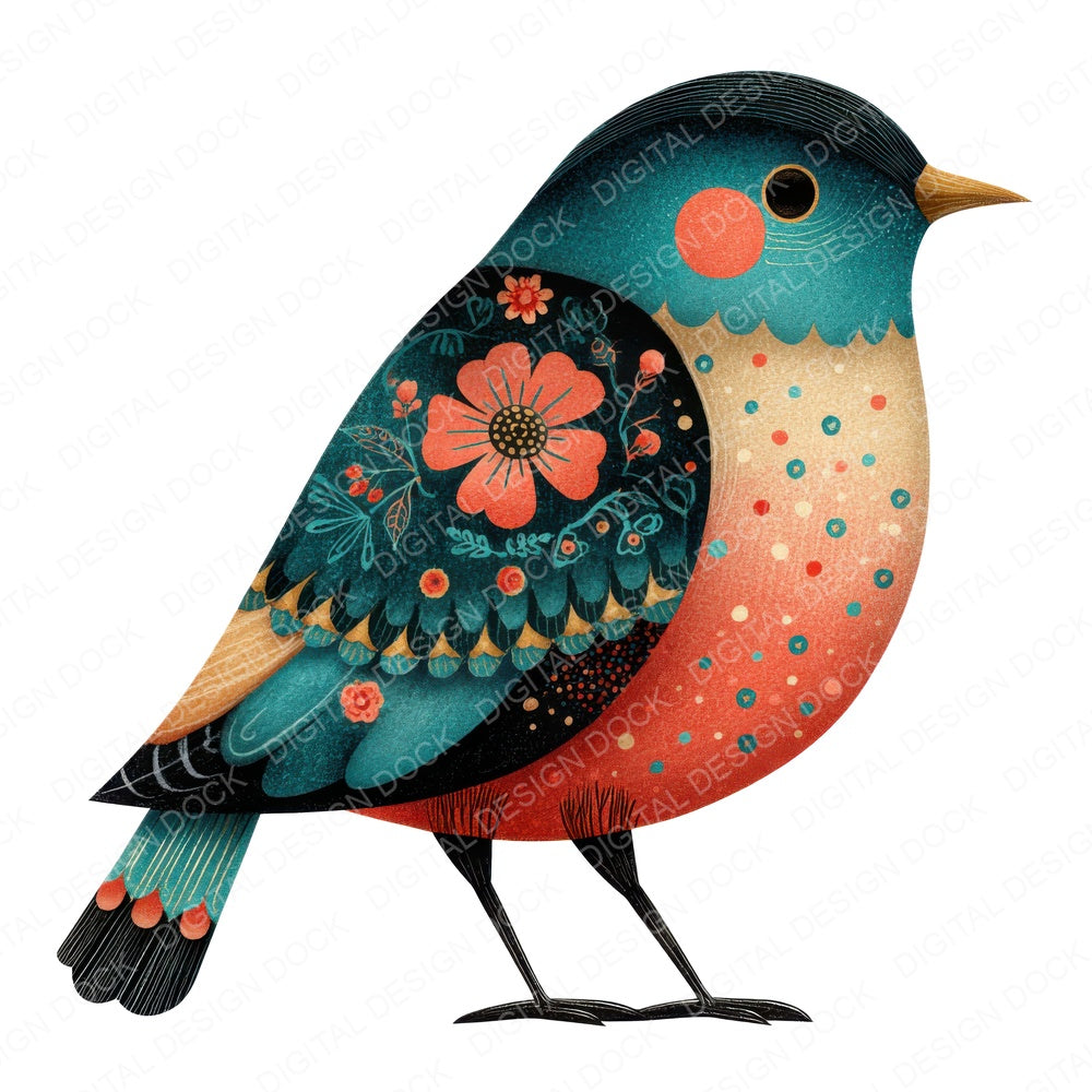 Teal Folk Art Bird fussy cut sheet in US Letter format showing all 12 designs on one printable page