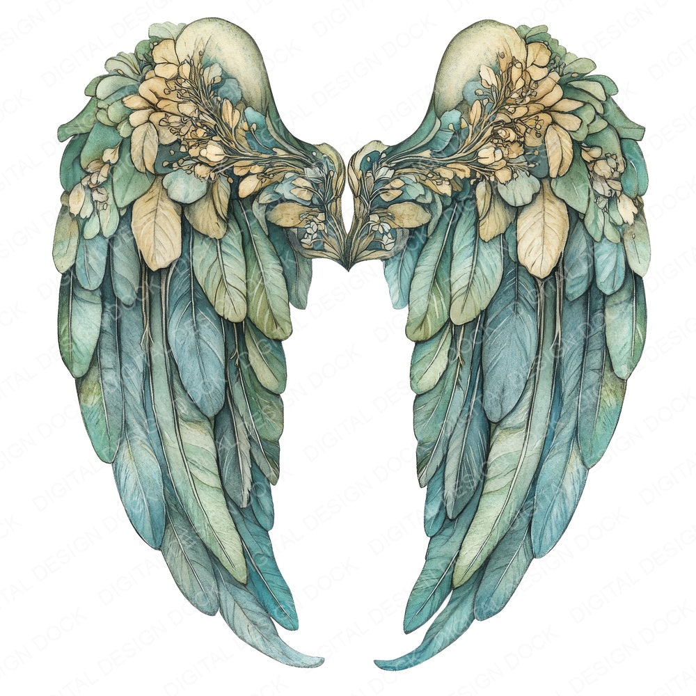 Teal Wash Angel Wings fussy cut sheet in A4 format showing all 12 designs on one printable page