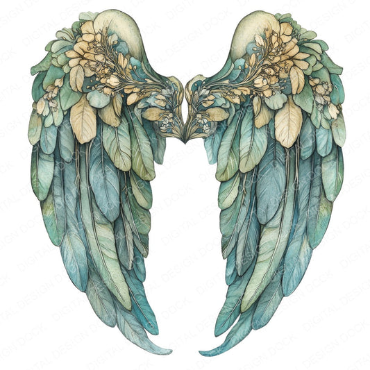 Teal Wash Angel Wings fussy cut sheet in A4 format showing all 12 designs on one printable page