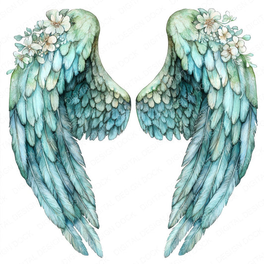 Teal Wash Angel Wings fussy cut sheet in US Letter format showing all 12 designs on one printable page