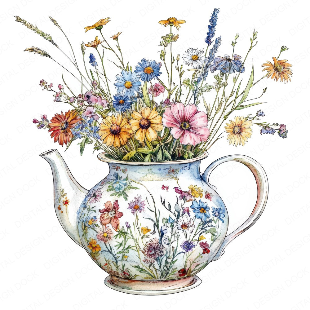 Teapot Wildflower Arrangement fussy cut sheet in A4 format showing all 12 designs on one printable page