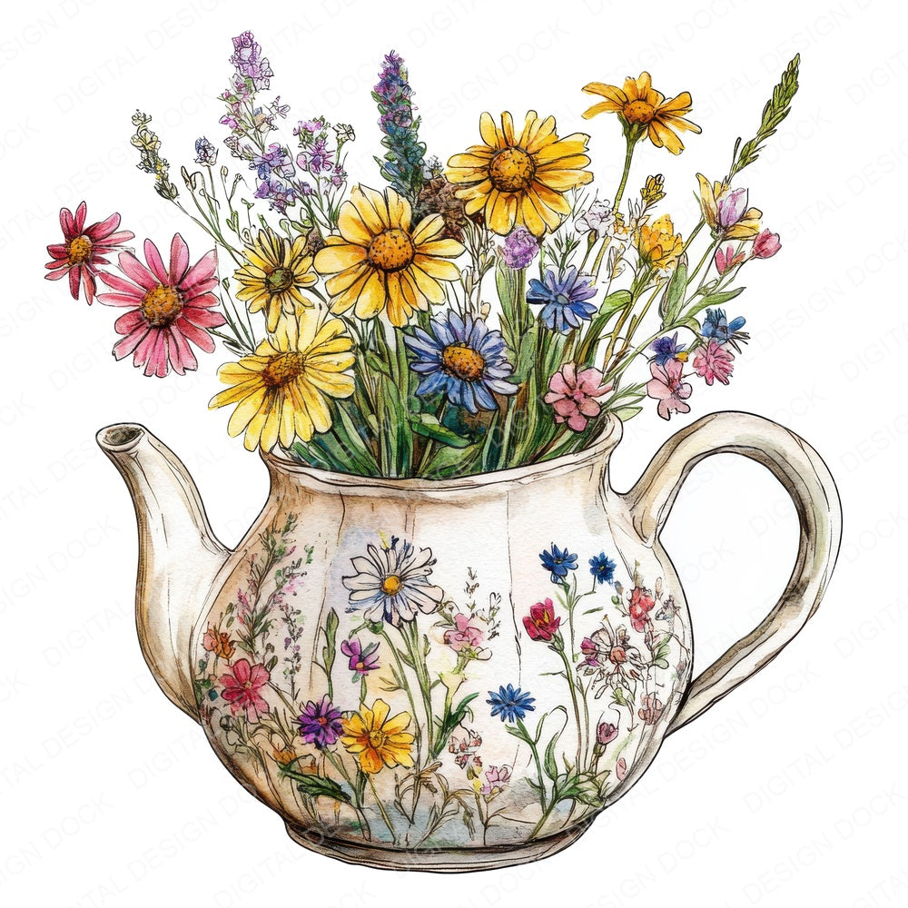 Teapot Wildflower Arrangement fussy cut sheet in US Letter format showing all 12 designs on one printable page