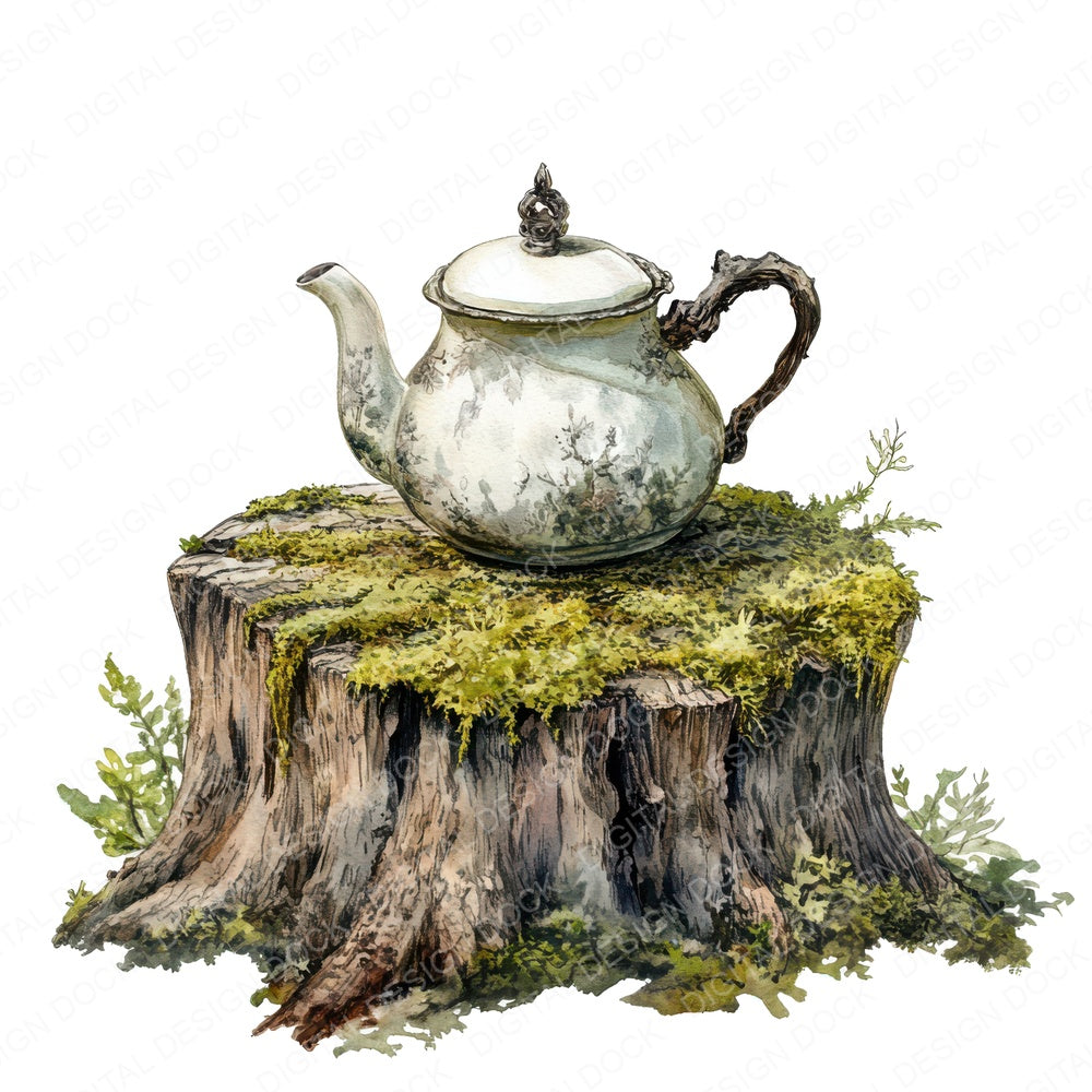 Teapot on Tree Stump Clipart Set (DDD006735)