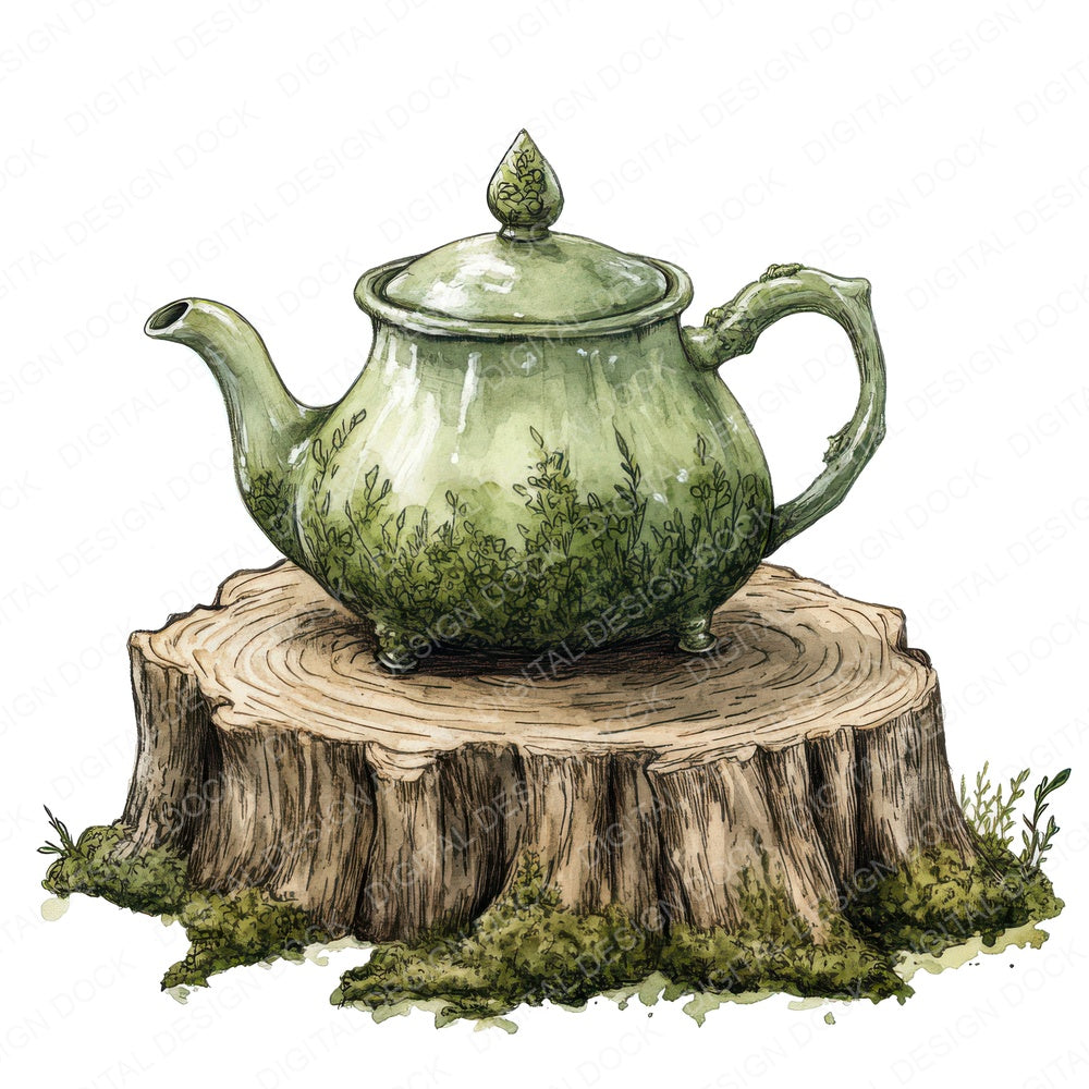 Teapot on Tree Stump fussy cut sheet in US Letter format showing all 12 designs on one printable page