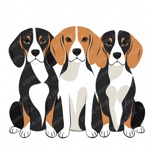 Three Beagle Friends fussy cut sheet in A4 format showing all 12 designs on one printable page