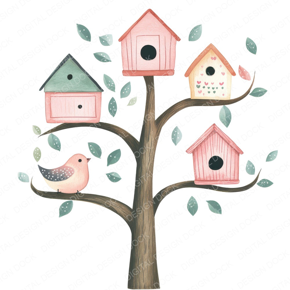 Tiny Bird Houses in Tree fussy cut sheet in A4 format showing all 12 designs on one printable page